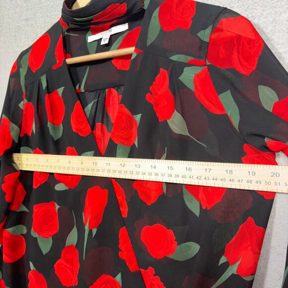 Guess Red Rose Floral Print Maximalist Blouse XS Black Dark Statement Gothic - Picture 6 of 6